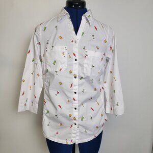 Coral Bay Womens White wCocktails Long Sleeve Button-down Collar Shirt S